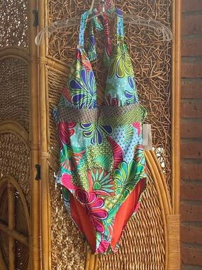 NWT Tina Turk Colorful Floral Halter One-Piece Swimsuit Size 12 Flattering Style